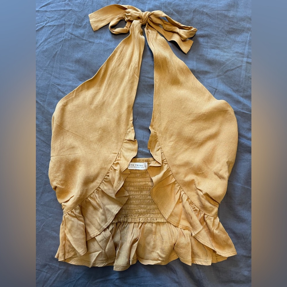 12th Tribe- Palmera Gold Ruffle Wrap Top- size medium